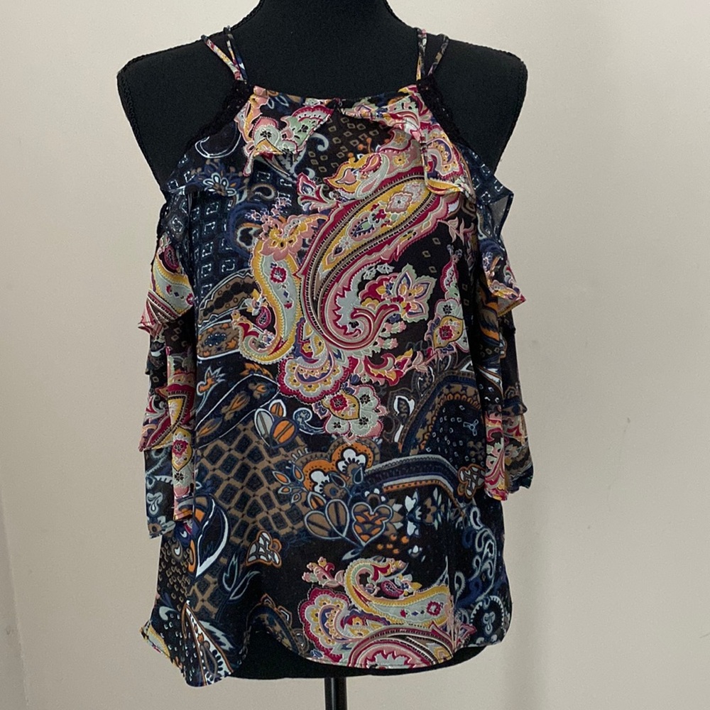 Sequin Hearts Paisley Ruffle Lace Halter Cold Shoulder Blouse Small S
